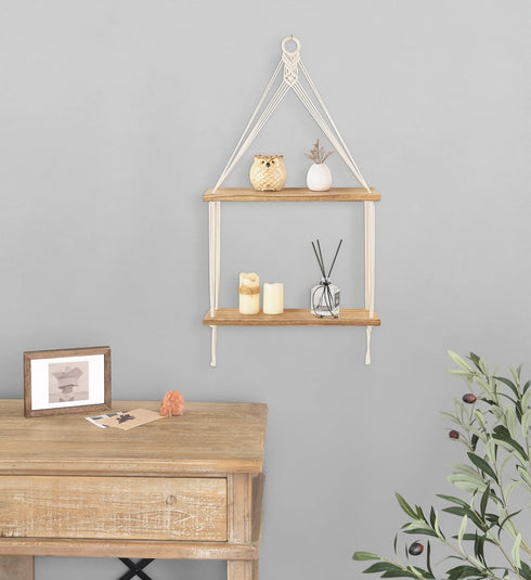 2 Mkono Macrame Hanging Shelf Boho Wall Decor Tier Handmade Cotton Rope Rustic Wood Floating Shelves Display Photos