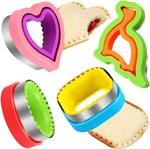HINZER 4 Pcs Sandwich Cutter and Sealer Set, DIY Cookie Cutters in Heart, Square, Circle, Dinosaur Shapes