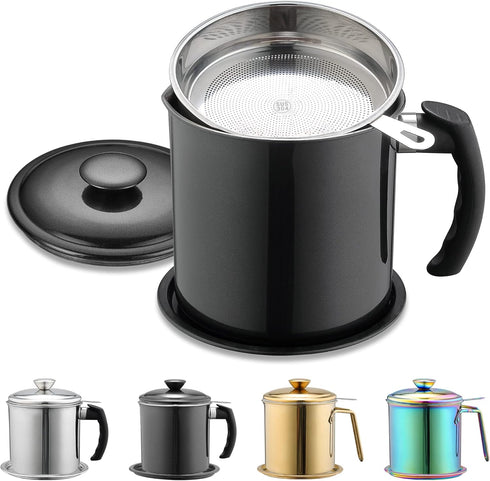 Berglander Black Bacon Grease Container with Strainer, 47oz/1.4L Stainless Steel Oil Storage with Fine Mesh Strainer