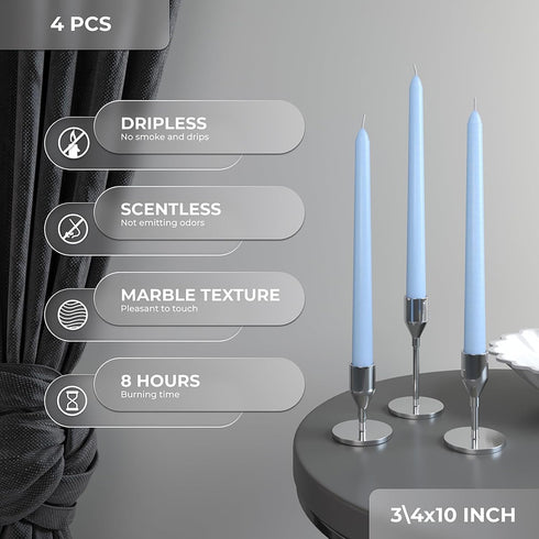CANDWAX 10 inch Taper Candles, Set of 4 Dripless Unscented Candlesticks for Dinner and Household Use - Light Blue