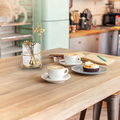 ELLDOO Coffee Spoon Set with 8 Gold Leaf Stainless Steel Spoons and Clear Glass Holder for Mixing