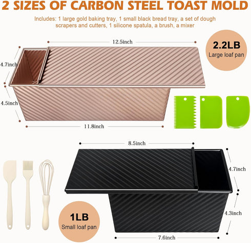 Dipanist 2Pack 2.2 LB 1 LB Pullman Loaf Pans with Lids & Dough Capacity, Non-Stick Carbon Steel Bread Pans for Homemade