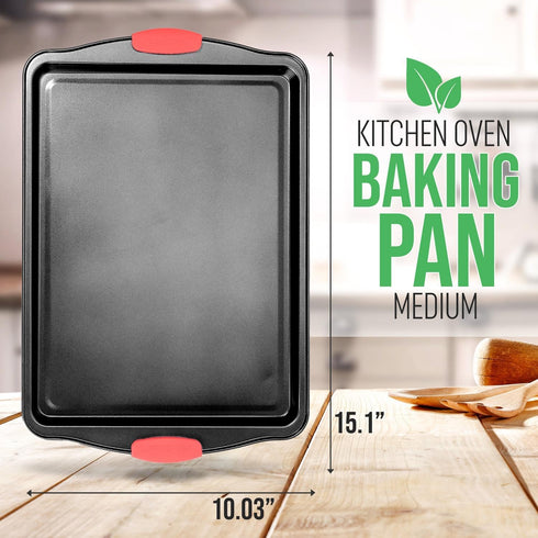 NutriChefKitchen 15” Non Stick Cookie Sheet, Medium Gray Commercial Grade Restaurant Quality Carbon Metal Bakeware with Red Silicone Handles, Compatible with Model NCSBS3S by NutriChef