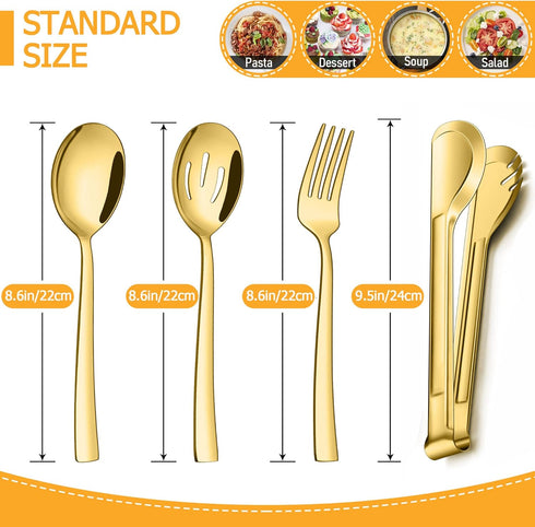 LIANYU Gold Serving Utensils Set of 8, Stainless Steel Serving Spoons, Slotted Spoons, Serving Forks, Metal Tongs for Kitchen Buffet Party Banquet Entertaining, Mirror Finished, Dishwasher Safe