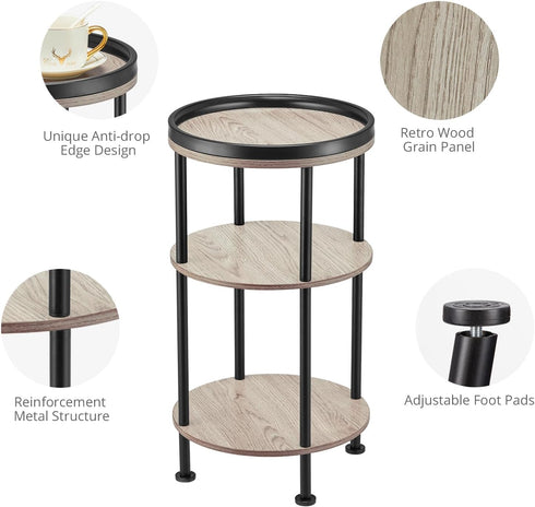 Small Round Side Table for Small Spaces - 3-Tier Modern Accent Table, Slim End Table for Living Room, Bedroom (Oak)