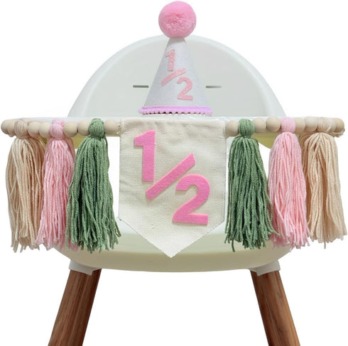 Cuvaho Half Birthday Decorations Girl Pink Sage Green 1/2 High Chair Banner with