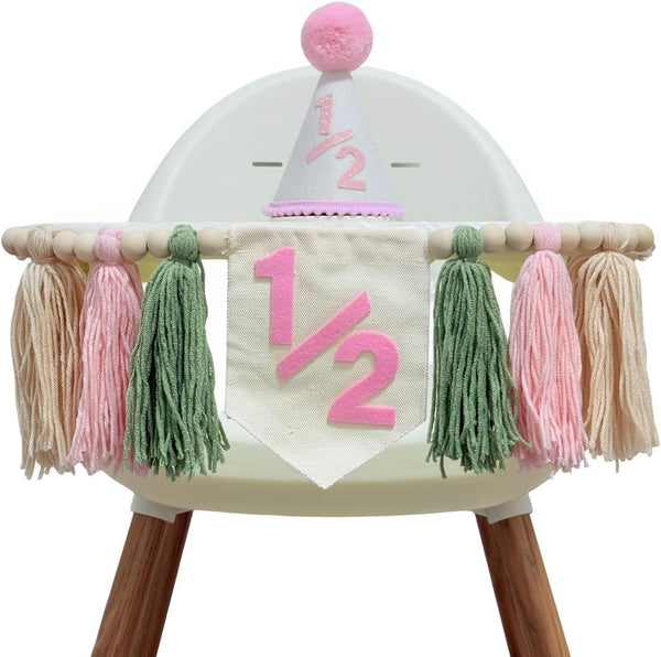 Cuvaho Half Birthday Decorations Girl Pink Sage Green 1/2 High Chair Banner with