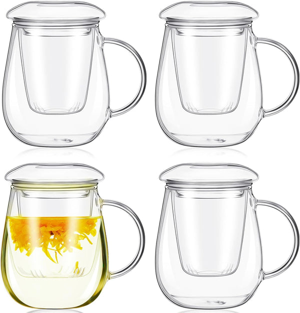Tioncy 4 Set Glass Tea Cup with Infuser and Lid, 16.9 oz,
