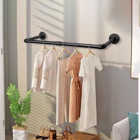 Industrial Iron Pipe Clothes Hanging Bar, Heavy Duty Wall-Mounted Garment Rack for Bedroom, Laundry Room Storage