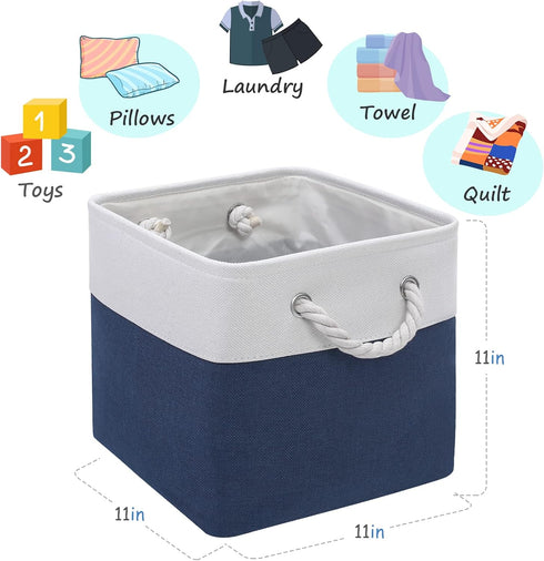 Cube Storage Baskets, 6 Pack 11x11 inch with Cotton Handles for Closet, Shelves, Clothes, Toys (White/Navy Blue)