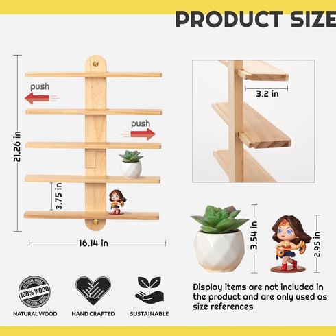 Panalo 16 inches 2 Wooden Floating Shelves for Wall, Small Wood Display Shelves Rack for Collectibles-Figures, Mini