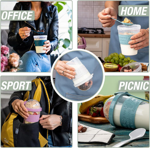 4 Pack Reusable On The Go Yogurt Parfait Cups, Breakfast Plastic Containers with Lids and Spoons, Perfect Jars