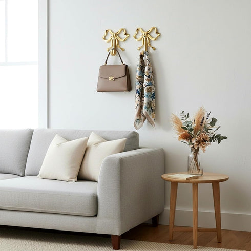 2Pcs (3.62X3.54X0.79in 9.20X9.00X2.00cm) LOGOFUN Bow Hooks Gold Bow Hooks for Wall Brass Bowknot Wall Hook for Towel