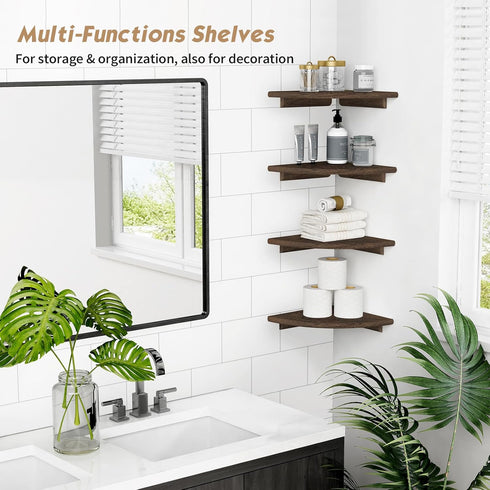 Set 4, Forbena Floating Corner Shelves for Wall of Small Corner Bookshelf for Bedroom Books, Round Wooden Corner Shelf