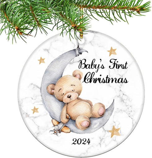 Baby's First Christmas 2025 Boy Bear on The Moon Ornament, Christmas Wedding Decoration, Newlywed 2025 (Yellow and