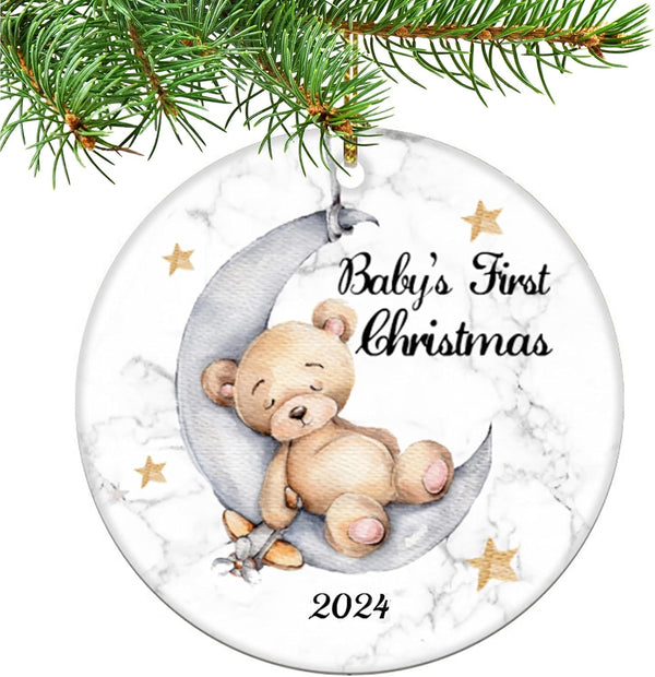 Baby's First Christmas 2025 Boy Bear on The Moon Ornament, Christmas Wedding Decoration, Newlywed 2025 (Yellow and