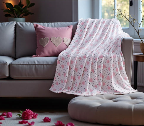 Valentine Soft Throw Blanket: Confetti Heart Fun, Pink Black White, Accent for Couch Sofa Chair Bed or Dorm (Confetti