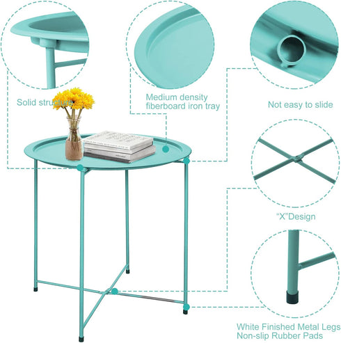 4 Garden you End Table Metal Side Table Green Round Folding Tray Cyan Sofa Small Accent Fold-able Table, Round End