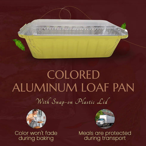 KitchenDance Disposable Aluminum Loaf Pan with Plastic Lids, 2 Pounds, Gold, 1850P