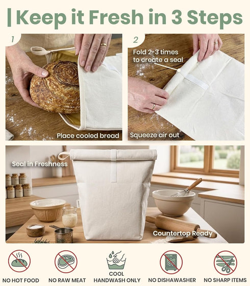 2Pack, 16.5x12.5in Set Hook&Loop Cotton Bread Bag with Beeswax Lining Unbleached Cloth Bees Wax Lined Storage Bags