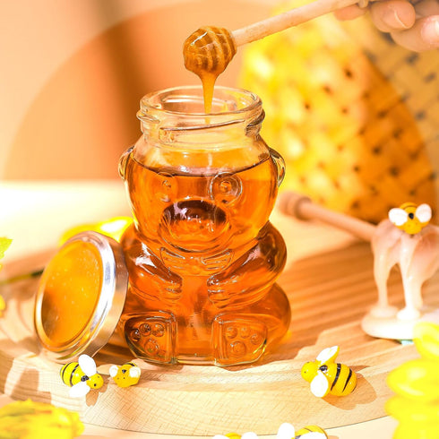 24 Pack 9.5 oz Patelai Glass Bear Shaped Honey Jars with Lids Reusable Small Tilted Bear Glass Bottles Containers