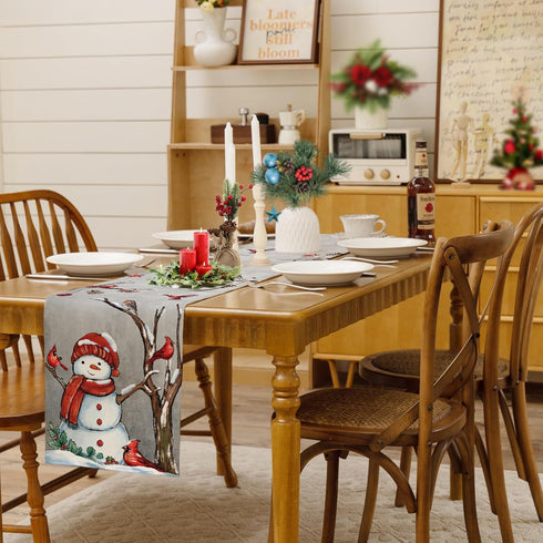 13x108 Inch Christmas Red Bird Branch Table Runner Snowman Cardinal Burlap Table Runners, Winter Xmas Seasonal Coffee