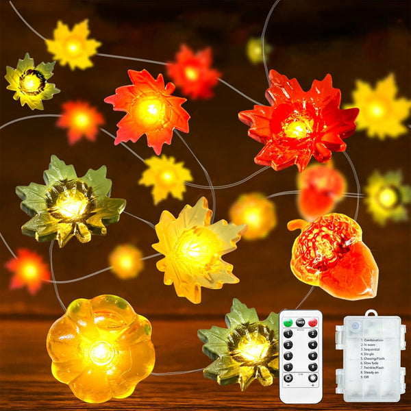 btfarm Fall Decor 16.4FT 50 LED 3D Pumpkin Maple Leaf Acorn Fairy