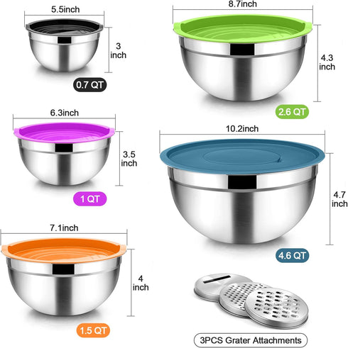 TeamFar Mixing Bowls with Lids, 5PCS Stainless Steel Metal Salad Bowl with 3 Grater Attachments, for Cooking, Prepping, Serving, Healthy, Airtight Lids & Easy Clean - 0.7/1 / 1.5/2.6/4.6QT by TeamFar