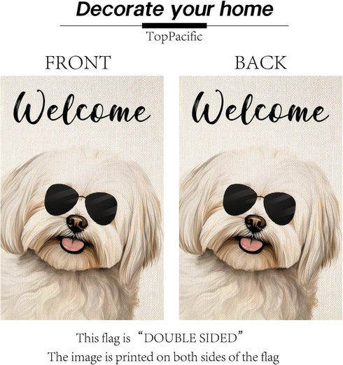 Welcome Maltese with Sunglasses Garden Flag 12x18 Inch, Small Vertical Double Sided Decorative House Yard Decor