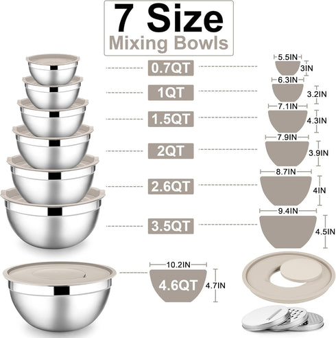 E-far Mixing Bowls with Lids Set, 7-Piece Stainless Steel Mixing Bowls with 3 Grater Attachments for Baking
