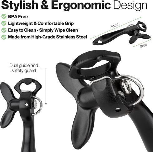 Lantana Smooth Edge Can Opener with Bottle Cap Lifter - Manual Safety Tin Opener - Black/Stainless Steel