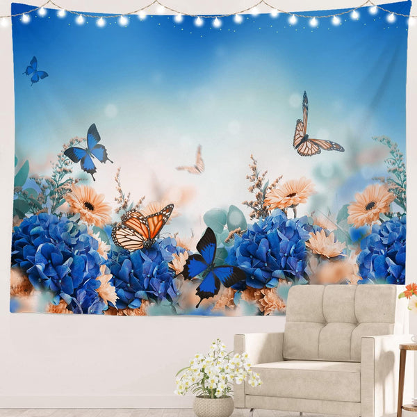 Batmerry Yellow and Blue Floral Tapestry, Colorful Butterflies on Yellow Background, 51.2 x 59.1 Inches
