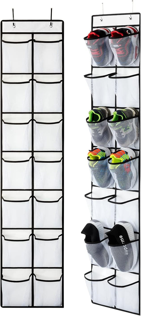 KEEPJOY Over The Door Shoe Organizer | Hanging Shoe Holder with 14 Mesh Pockets and 4 Hooks | White-2Pack