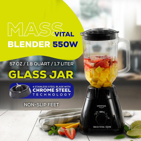 Universal 550W Mass Vital Blender with Glass Jar 57 Oz / 1.7 Liter / 1.8 Quart, 2 Speed + Pulse Function and 4 Stainless Steel Blade with Chrome Steel Technology by universal