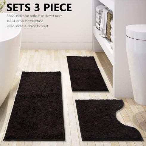Bathroom Rugs Chenille 3-Piece - Extra Soft Absorbent Shag Bathroom Mats, Machine Wash Non-Slip (Coffee)
