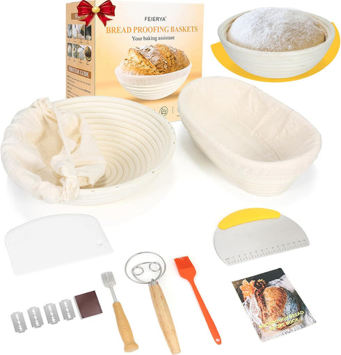 FEIERYA Banneton Bread Proofing Basket Set with Liners,9 Inch Round & 10