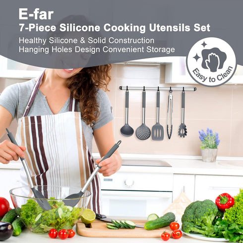 E-far 7 Pcs Silicone Cooking Utensils Set, Heat Resistant Kitchen Tools with Stainless Steel Handle, Gray