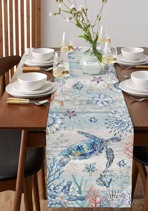 Lsrtoss 48 Inches Summer 13" 48" Coastal Sea Turtle Table Runner Long Farmhouse Dress Scarves, Nautical Beach Starfish
