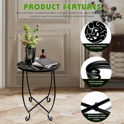Kaesithar 15 Inch Tall Metal Plant Stand Indoor Outdoor, Round Side Table with Swirl Pattern, Rust Resistant Iron