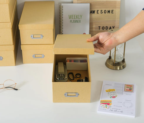 Soul & Lane Kraft Storage Boxes - Set of 6 (3 Large, 3 Medium), Keepsake Memory Organizers with Lids