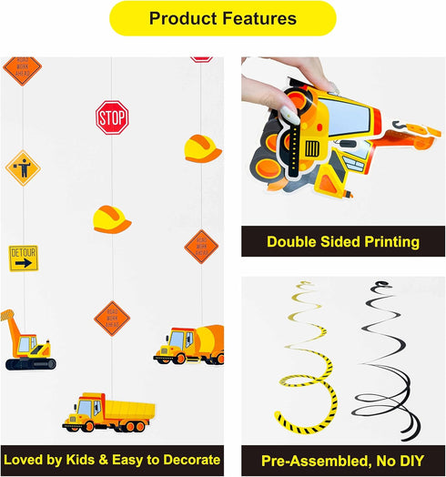 16Pcs Set Construction Theme Party Hanging Decorations Swirl with Trucks, Traffic Cone & Safety Symbols | Party