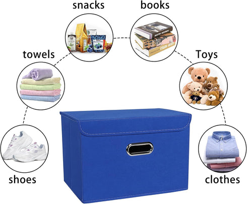 Linen Fabric Foldable Storage Cube Bin Organizer, 3Pcs Dark Blue Baskets with Lid, Leather Handles, Removable Divider