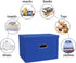 Linen Fabric Foldable Storage Cube Bin Organizer, 3Pcs Dark Blue Baskets with Lid, Leather Handles, Removable Divider