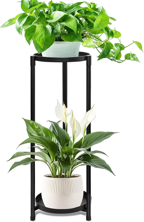 2 Tier Plant Stand Indoor Tall, Black Corner Tiered Round Plant Stand