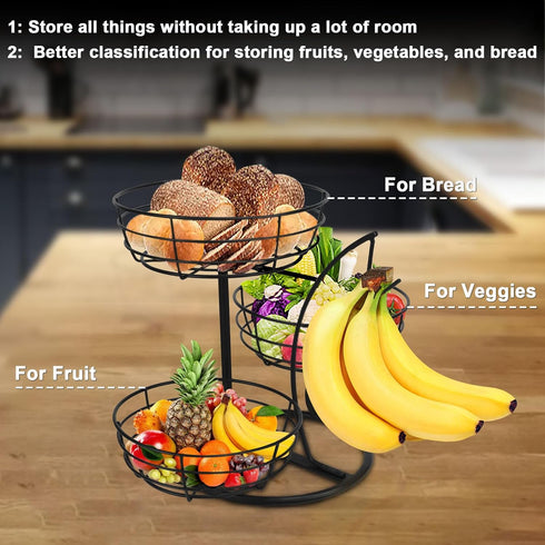 Counter, 3-Tier Livabber Fruit Basket Bowl with Banana Hanger, Fruit Vegetable Storage Basket with Banana Tree Holder