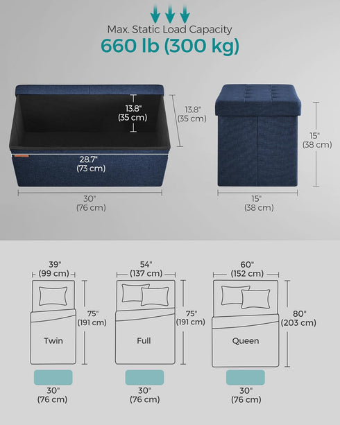 SONGMICS Foldable Storage Ottoman, 15 x 30 x 15 Inches, Midnight Blue, 660 lb Load Capacity