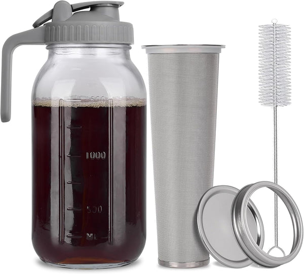 Cold Brew Mason Jar Iced Coffee Maker, Durable Glass, 64 oz with Handle & Stainless Steel Filter for Iced Drinks
