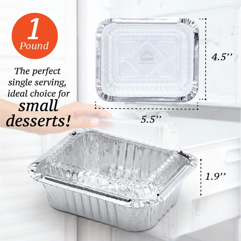 Spare Essentials 1 Lb Aluminum Pans with Lids (55 Pack) Disposable Baking Foil Containers, Takeout Food Storage, Freezer - Mini Foil Pans with Clear Lids for Restaurants & Catering - Size 5.5x4.5x1.9