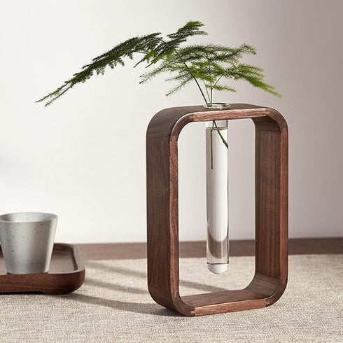 TREELF Transprent Glass Vase Test Tube Vase Hydrophilic Plants Vase Plant Holder Walnut Wooden Frame Flower Stand Table