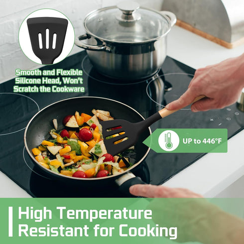 TeamFar Silicone Kitchen Utensils Set, 6 Piece Set with Wooden Handles for Non-stick Cookware
